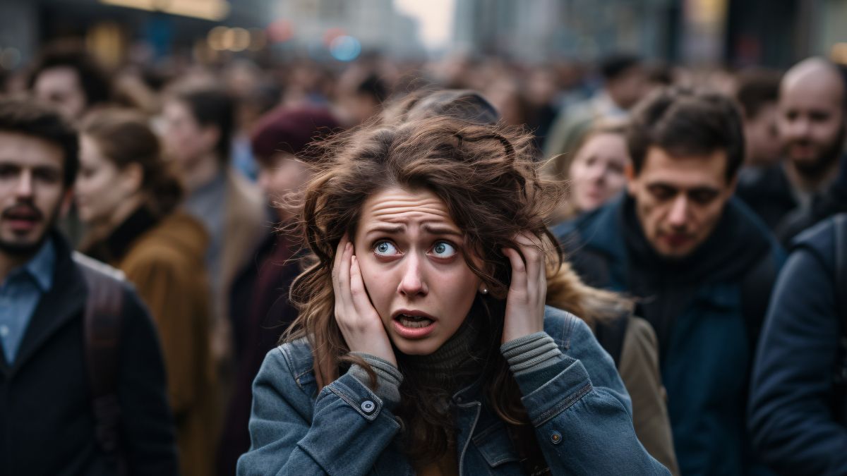 فردی در محیط شلوغ شهری که گوشهای خود را گرفته است، نمونهای از تجربه بیشحسی و اضافهبار حسی در افراد دارای طیف اوتیسم